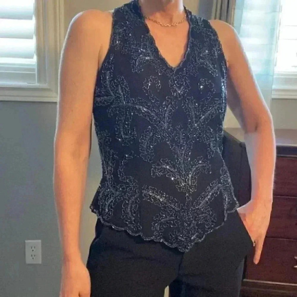 JMD New  York Black Beaded Sleeveless Halter Dressy Top V Neckline Medium - Picture 5 of 16